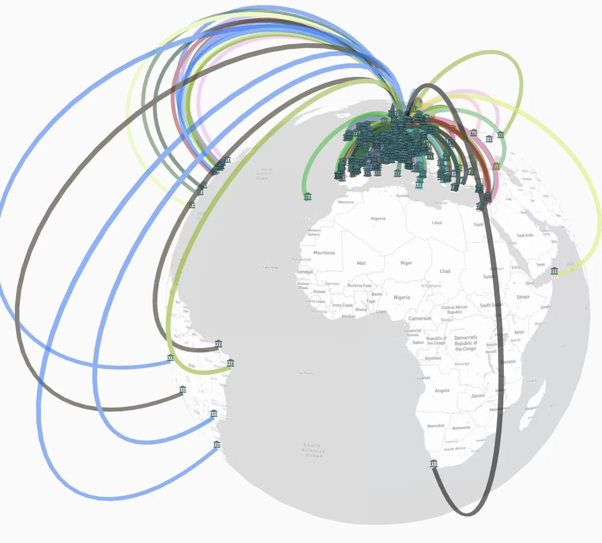Geospatial deck.gl visualisation arcing from FSU Jena's collaborators across the globe